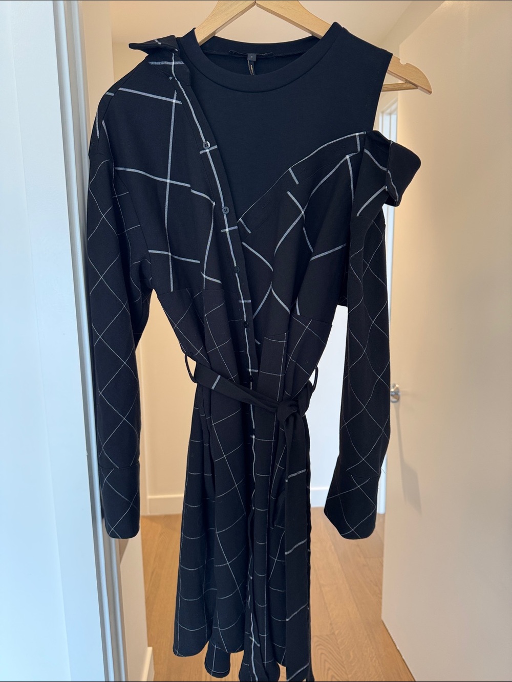 Maje Asymmetric Belted Checked Robe Dress - Size 1 / Small